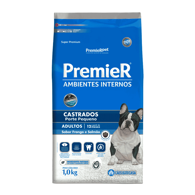 Ração Premier Ambientes Internos Cães Castrados Adultos Frango e Salmão